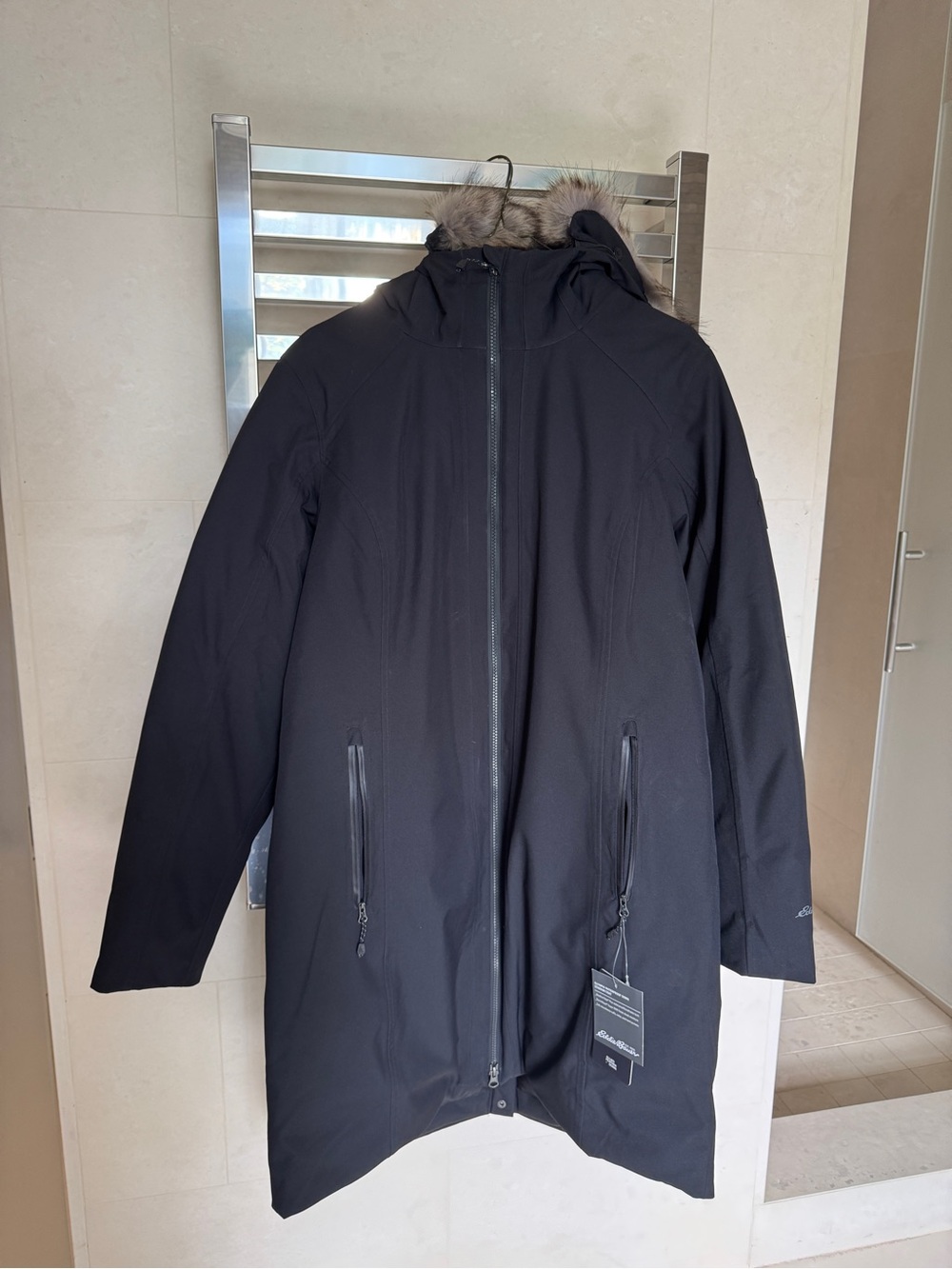 Eddie Bauer Olympia Black Hooded Parka Coat with Removable Faux-Fur Trim